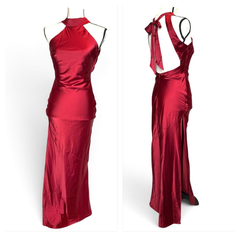 Princess Polly Satin Maxi Dress Red Halter Open Back Thigh Slit 2